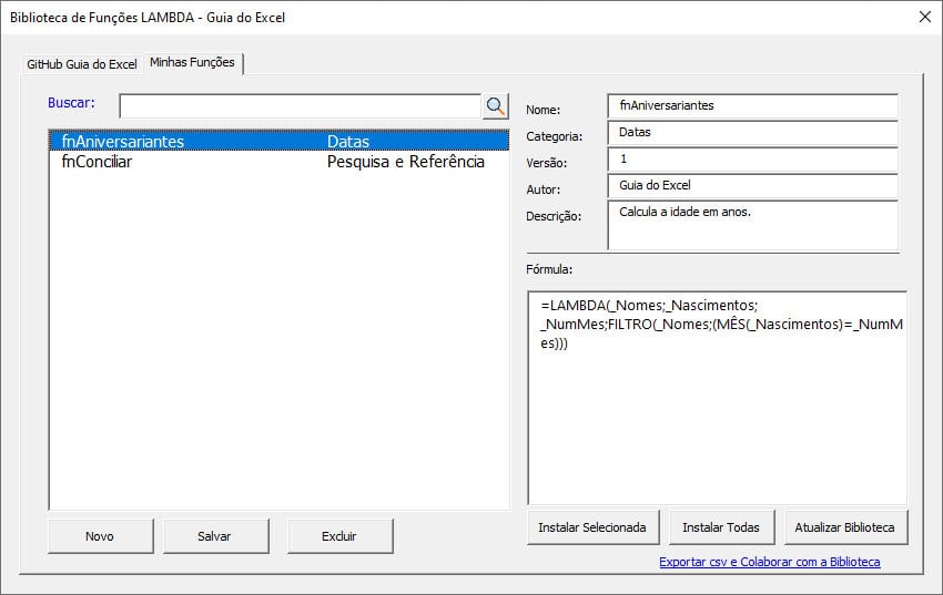 exportar funções excel
